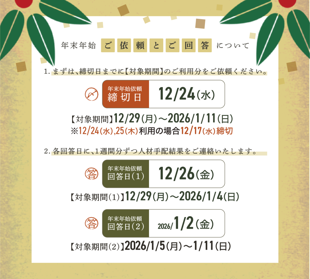 年末年始のご依頼とご回答について